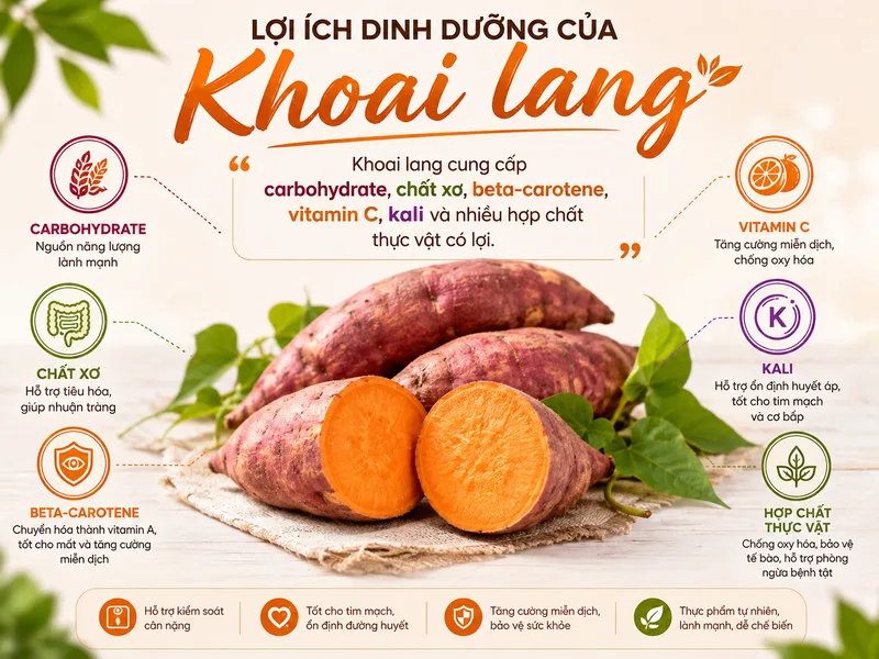 Khoai lang cung cấp carbohydrate, chất xơ, beta-carotene, vitamin C, kali và nhiều hợp chất thực vật có lợi.