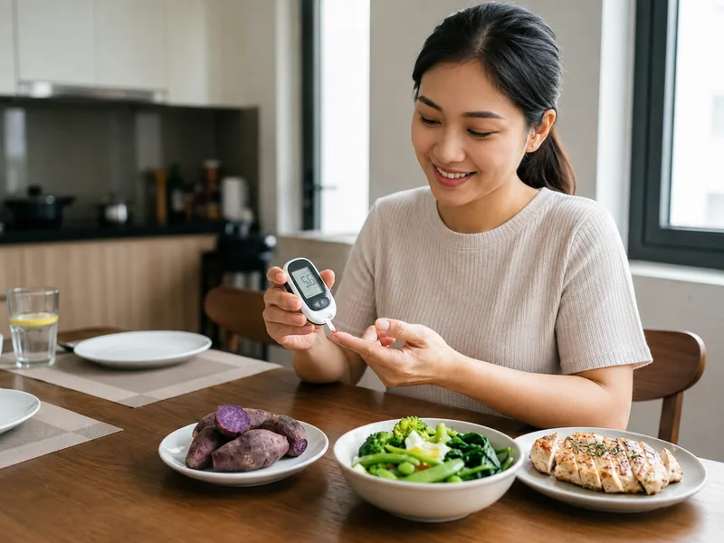 Người cần kiểm soát đường huyết nên chú ý khẩu phần khoai lang và kết hợp cùng protein, rau trong bữa ăn.