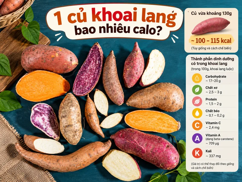 Khoai lang cung cấp carbohydrate, chất xơ, kali, vitamin C và carotenoid, đặc biệt nổi bật ở các giống ruột cam.