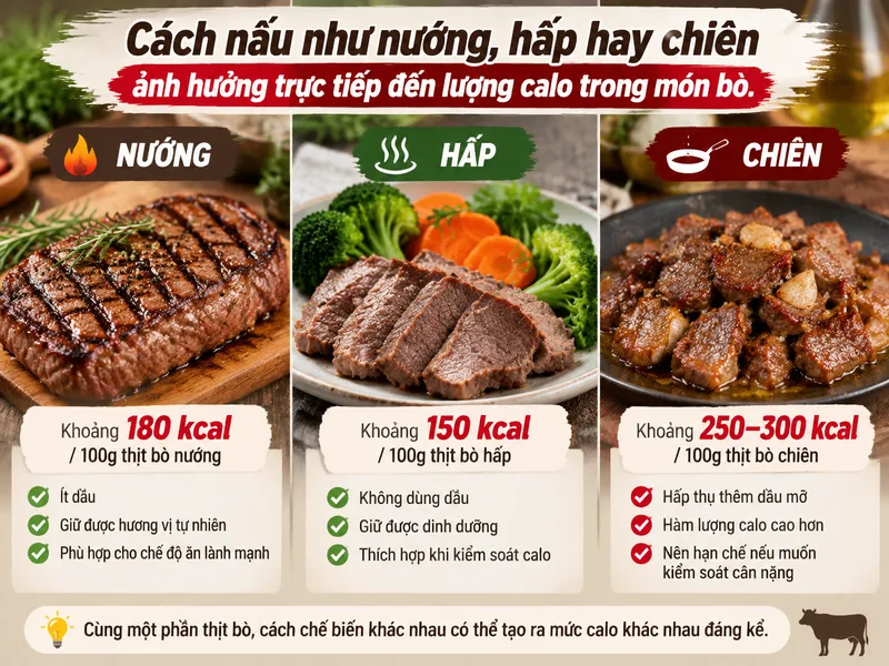 Cách nấu như nướng, hấp hay chiên ảnh hưởng trực tiếp đến lượng calo trong món bò.