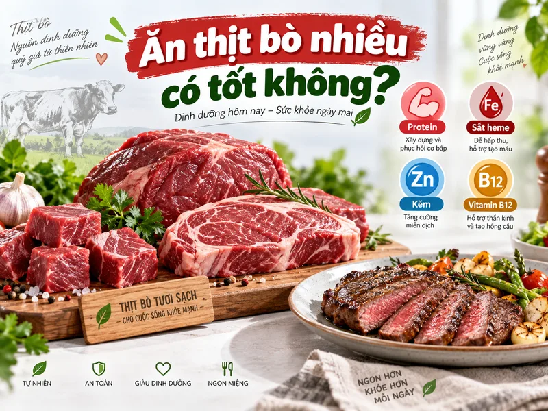 Thịt bò cung cấp protein, sắt heme, kẽm và vitamin B12, góp phần bổ sung nhiều dưỡng chất quan trọng cho cơ thể.
