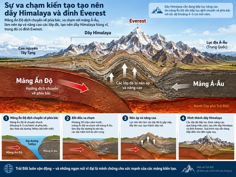 Sự dịch chuyển của mảng Ấn Độ về phía bắc đã nâng các lớp đá lên, góp phần hình thành Everest và Himalaya.