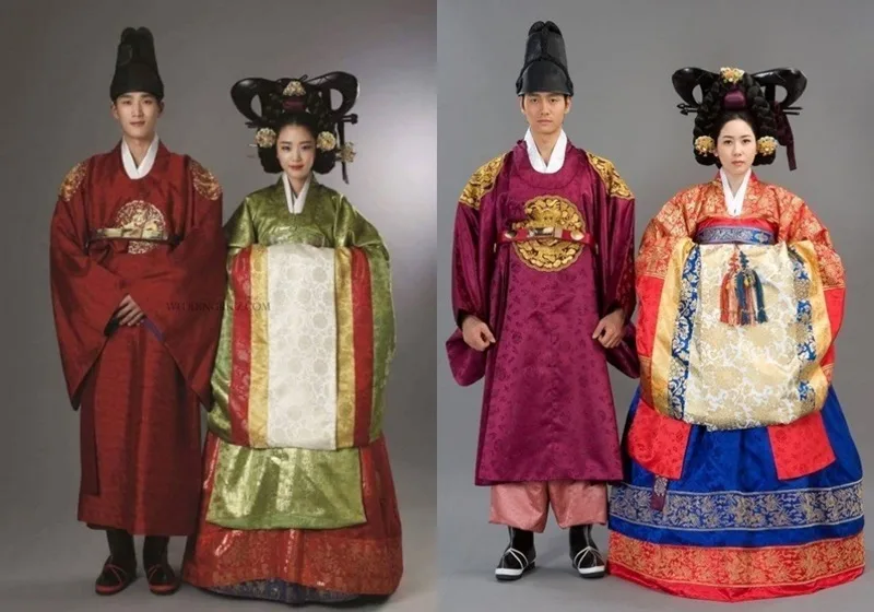 Sự kết hợp hài hòa giữa bộ Jeogori - Chima nữ và Jeogori - Baji nam trong trang phục Hanbok.